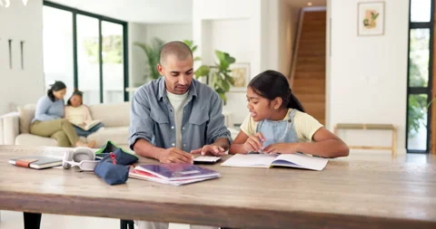 Homework, high five and dad with child with math lesson for studying, learning Stock Footage 335326228