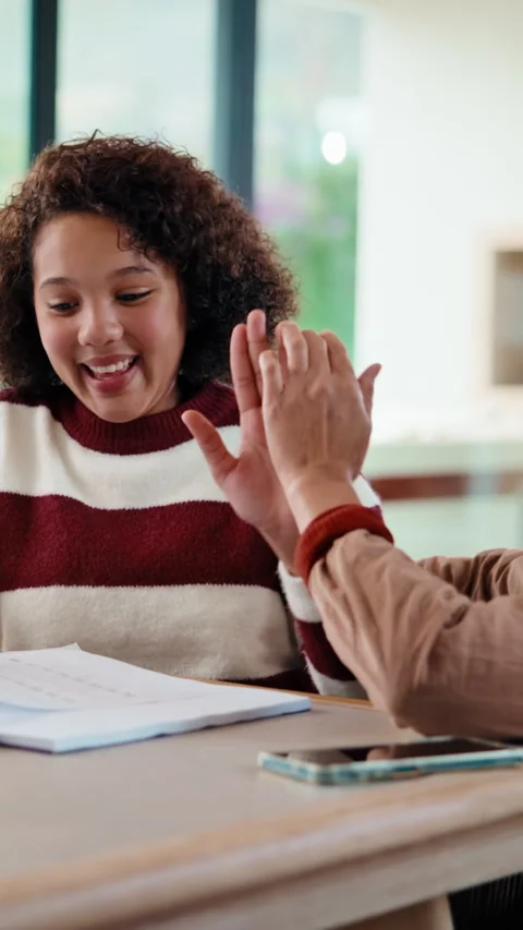Homework, high five and mom with child in home for online lesson, elearning and Stock Footage 335744010