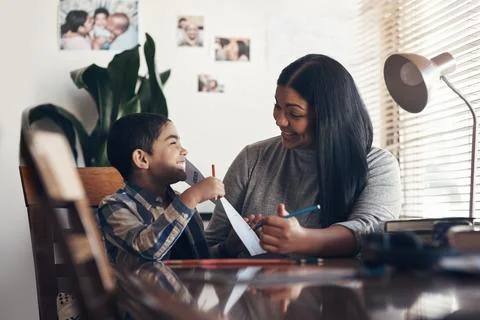 Homework, learning and mother with son in home for education support, help .. Stock Photos