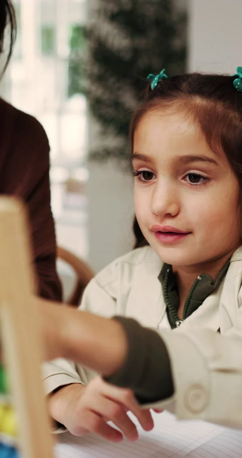 Homework, mom and child with abacus in home for mental math, problem solving and Stock Footage 339154197