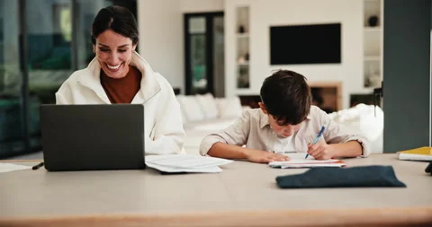 Homework, remote work and mom with child high five for education, learning and Stock Footage 335524840