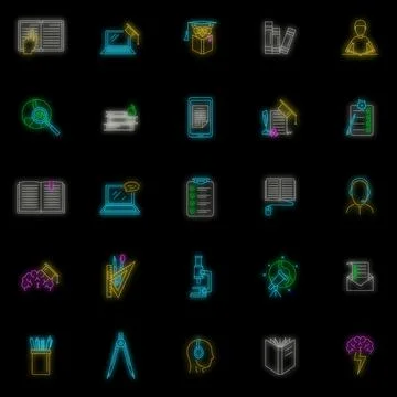 Homework study school icons set vector neon Stock Illustration