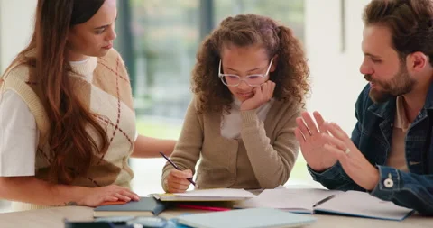 Homework, thinking and parents with child in home for assessment, learning and Stock Footage 335797241