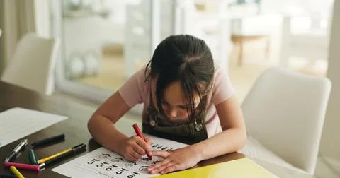 Homework, writing and study with child in home for learning, education and .. 写真素材