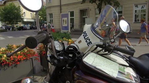 Honda motorcycle close up with map on tank, Lienz Austria Stock Footage 79653725