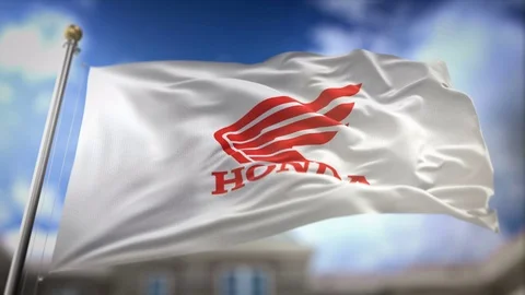 Honda Motorcycle Flag Waving Slow Motion 3D Rendering Blue Sky Background -.. Stock Footage 75657632
