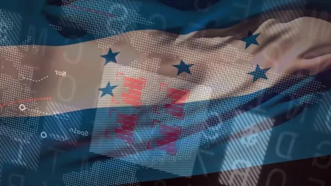 Honduran flag waving with digital data and binary code overlay animation Stock Footage 330175639