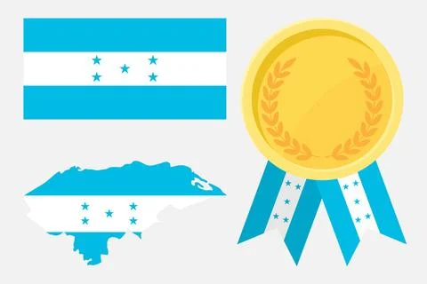 Honduras flag with map and gold medal in set for web and banners or app and.. Stock Illustration