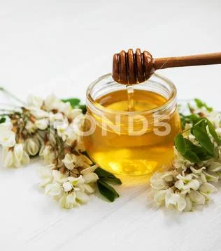 Honey with acacia blossoms Stock Photos