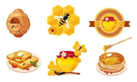 Honey and Beekeeping Elements Set, Beehive, Honeycomb, Toast Bread Slice, Honey 스톡 일러스트
