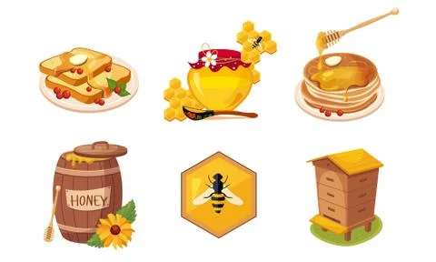Honey and Beekeeping Elements Set, Honeycomb, Toast Bread Slice, Jar and Barrel Stock Illustration