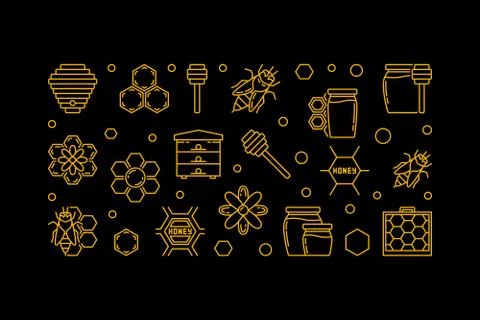 Honey and Beekeeping vector linear banner on dark background Illustrazione stock