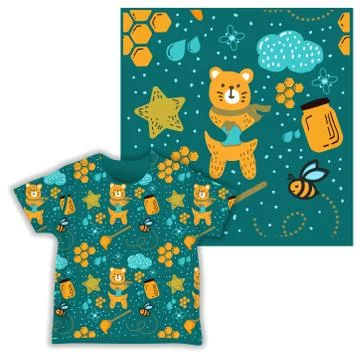 Honey bear seamless pattern print shirt fabric vector illustration Illustrazione stock