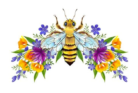 Honey bee with flowers Stock Illustration