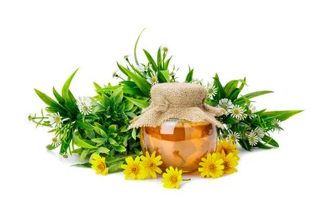 Honey bee in jar with flower isolate on white background, bee products by o.. Stock-Fotos
