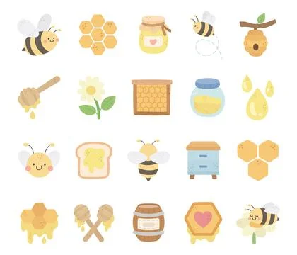 Honey bee set featuring hives honeycombs Ilustração Stock