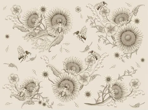 Honey bees and flowers elements Stock Illustration