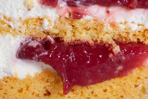 Honey cake layers with raspberry jam and white curd cream texture close up. H Stock Photos