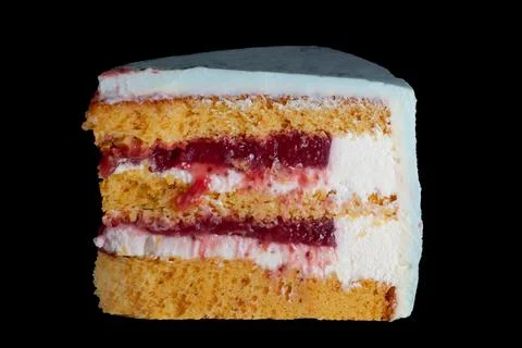 Honey cake layers with raspberry jam and white curd cream texture close up. H Stock Photos