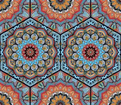 Honey Comb Hex Pattern Flower Mandala Blue Orange Stock-Illustration
