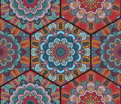 Honey Comb Pattern Mandala Red Blue Illustrazione stock