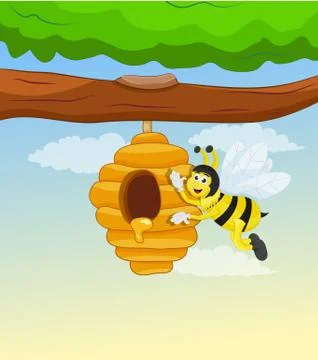 Honey comb on tree and bee Stock Illustration