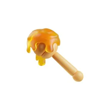 Honey dipper drop 3d realistic vector illustration, natural bee honey on wooden Stock Illustration