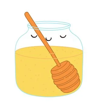 Honey, dipper in glass jar with cute face illustration isolated. Stock Illustration
