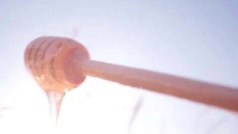 Honey Dipper.Flowing Honey. The Sun in the Background. Stock Footage