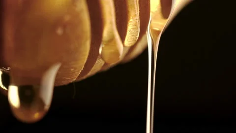 Honey drop macro from dripper on black background Vidéo 201521134
