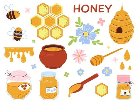 Honey flat elements, beekeeping industry. Jars and liquid caramel syrup 스톡 일러스트