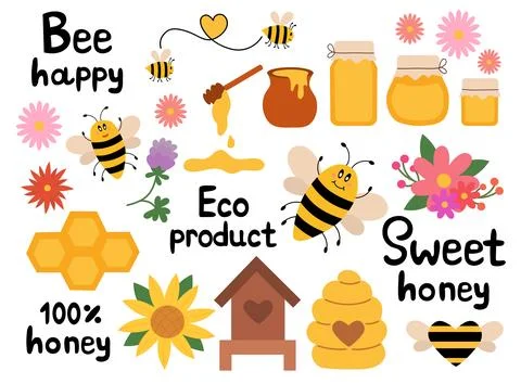 Honey flat Set elements, beekeeping industry. Stock Illustration