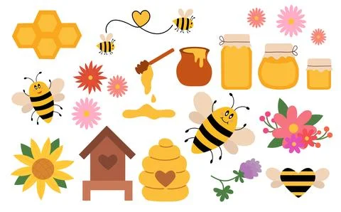 Honey flat Set elements, beekeeping industry. Stock Illustration