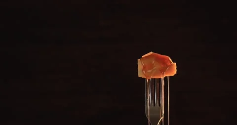 Honey flows on a piece of cheese. Cheese on a fork. Black background Stock Footage 244840827