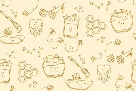 Honey glass jar bee seamless pattern doodle wallpaper repeat boundless print イラスト素材