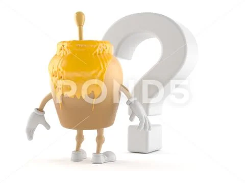 Honey jar character looking at question mark symbol Illustration #130489688