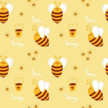 Honey pattern with bees for beekeepers and honey products. Cute summer yellow Stock Illustration