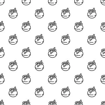 Honey pot seamless outline pattern with dipper Illustrazione stock