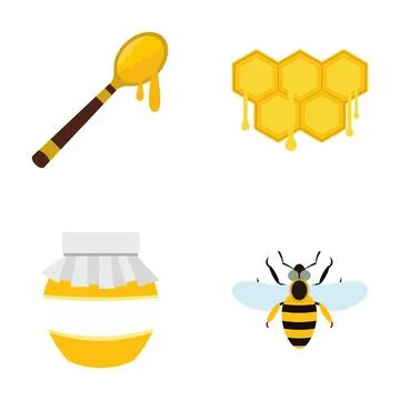 Honey production elements including bee, spoon, jar, and honeycomb Stock Illustration