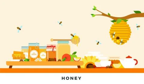 Honey products vector flat illustrations. Organic and natural honey. Stock Illustration
