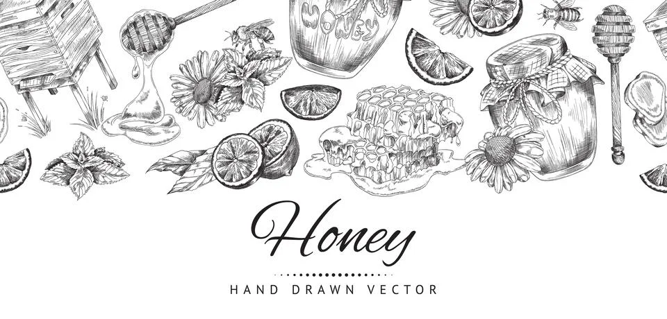 Honey repeatable hand drawn background with jars of honey, vector illustration. Stock Illustration