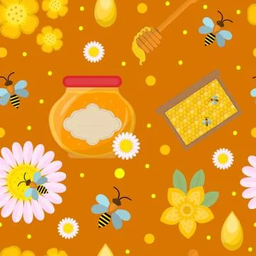 Honey seamless pattern. Beekeeping endless background, texture. Vector illu.. イラスト素材