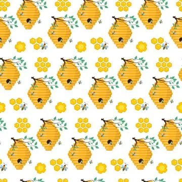 Honey seamless pattern. Beekeeping endless background, texture. Vector illu.. イラスト素材