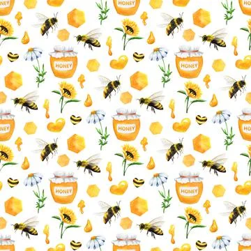 Honey seamless pattern with bees, jar of honey, sunflowers, honeycombs, daisies Stock Illustration