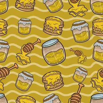 Honey Seamless Pattern in Cartoon Style. Perfect For Background, Backdrop, .. Illustrazione stock