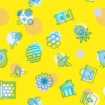 Honey seamless pattern with cute flying bees, hex comb, Stock Illustration