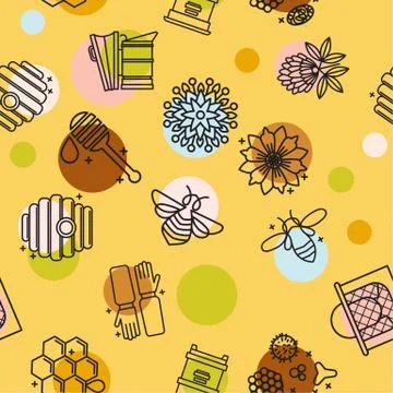 Honey seamless pattern with cute flying bees, hex comb, Stock Illustration