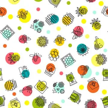 Honey seamless pattern with cute flying bees, hex comb, Stock Illustration