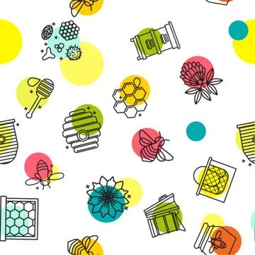 Honey seamless pattern with cute flying bees, hex comb, Stock Illustration