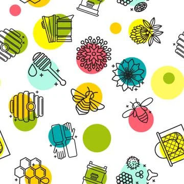 Honey seamless pattern with cute flying bees, hex comb, Stock Illustration
